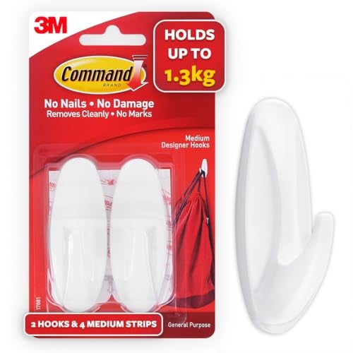 Command 3M Command Medium Designer Wall Hooks, Holds Upto 1.3Kg, No paint damage, Heavy Duty, Hold Strongly, Reusable, Adhesive Hooks For Wall, Multi-Surface (White, 2 Hooks, 4 Strips) - Image 1
