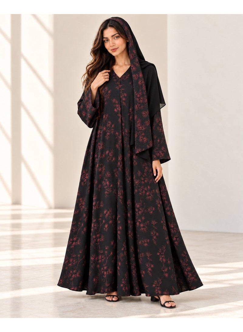 KAVALEE Women's Black Burgundy Floral Print Flared Abaya with Matching Scarf - Image 4