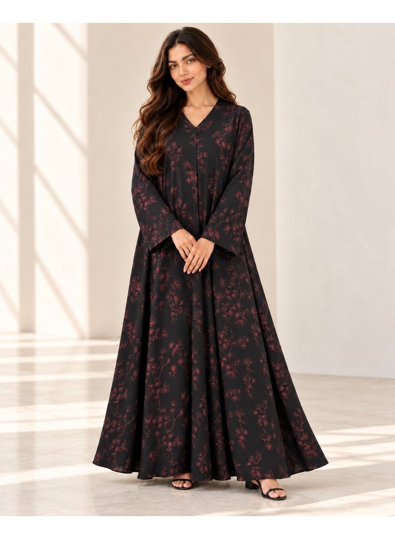 KAVALEE Women's Black Burgundy Floral Print Flared Abaya with Matching Scarf - Image 1