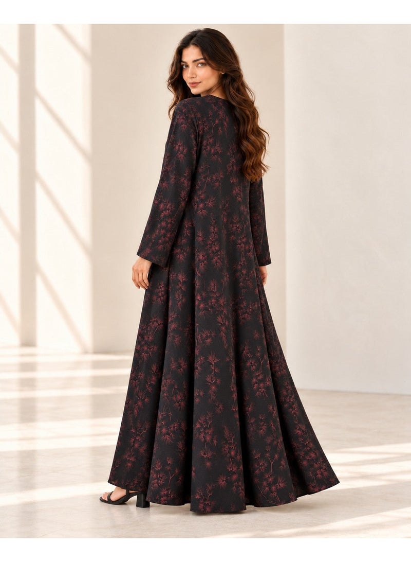KAVALEE Women's Black Burgundy Floral Print Flared Abaya with Matching Scarf - Image 5