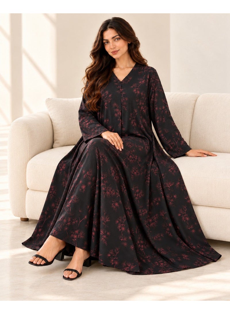 KAVALEE Women's Black Burgundy Floral Print Flared Abaya with Matching Scarf - Image 3
