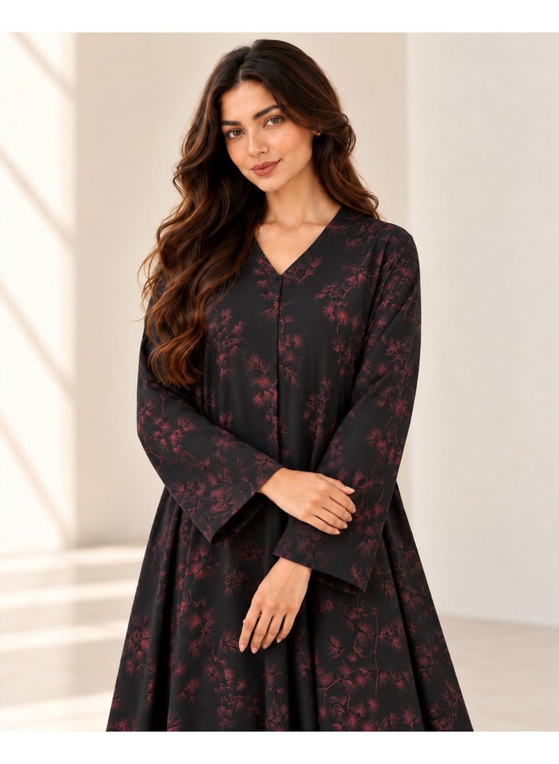 KAVALEE Women's Black Burgundy Floral Print Flared Abaya with Matching Scarf - Image 2