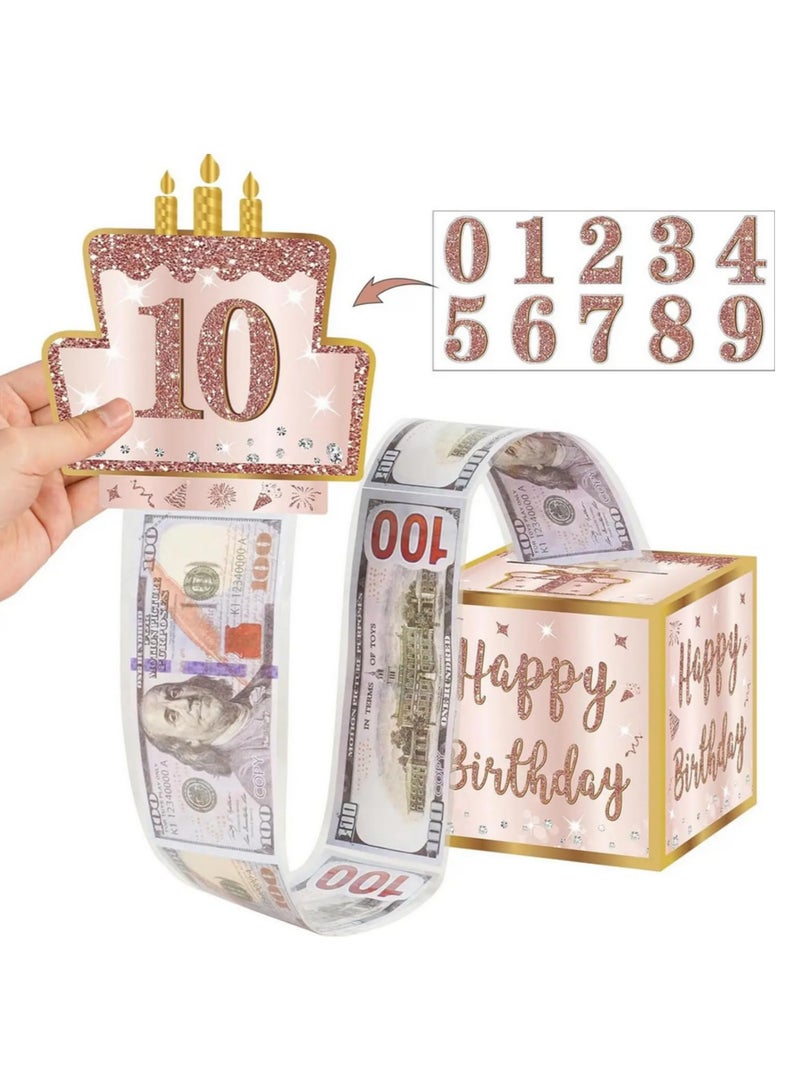 Happy Birthday Money Gift Box with DIY Stickers Pink Rose Gold Cash Present for Any Age | Surprise Party Decor, 5.1inch x 5.1inch Sturdy Cardboard Box with Cake Card & Money Roll Pull-Out Feature - Image 1