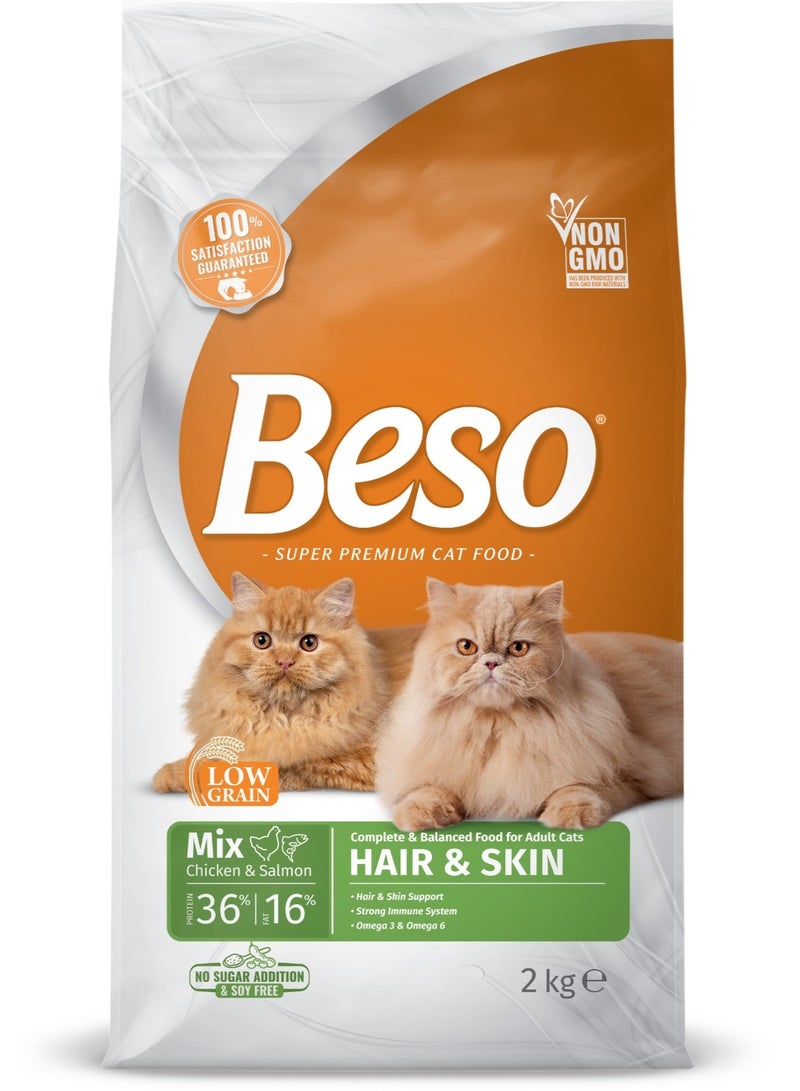 Beso Hair & Skin Adult Cat Food 2 kg , Mix Chicken & Salmon, Complete & Balanced Nutrition for Healthy Coat & Skin - Image 1