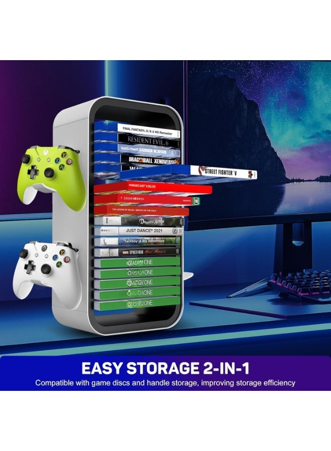 【15.8INCH】 game Storage Tower Compatible with PS5/ Xbox Series S & X/ Switch, Universal Video Games Discs Organizers 18 PCS with 4 Controllers Holder, Game Disk Box Stand.(White/Black) - Image 5