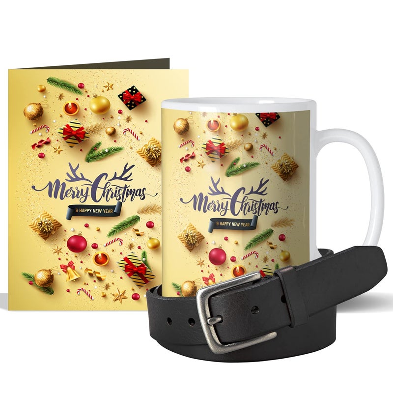 GIFT MY PASSION GIFT MY PASSION Christmas Happy New Year Greeting Card Coffee Mug 350ml with Black Belt for Men Hamper Pack of 3