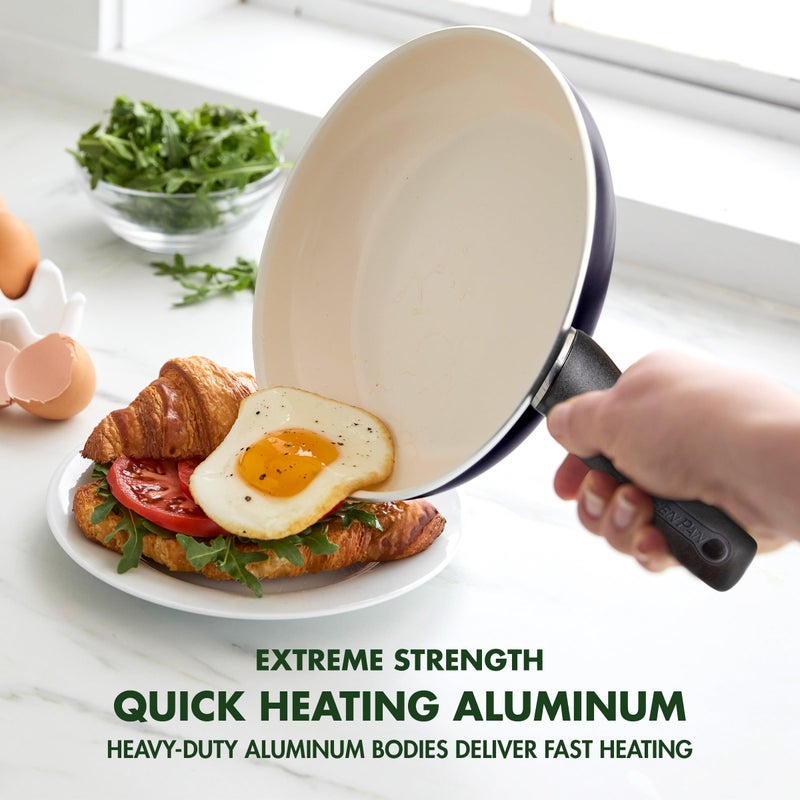 Greenpan مجموعة مقلاة سيراميك غير لاصقة 8" من جرين بان ريو مع ملعقة سيليكون ومقبض مريح  مجموعة وجبة الإفطار  خالية من PFAS  آمنة في غسالة الصحون  آمنة في الفرن  سوداء - Image 2