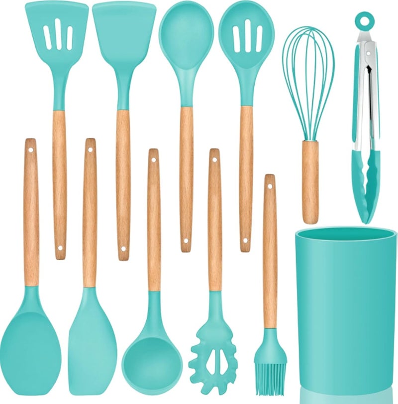 E-far Kitchen Utensils Set of 12, Silicone Cooking Utensils with Holder, Non-stick Cookware Friendly & Heat Resistant, Includes Spatula Tong Whisk Ladle Brush Slotted Turner Spoon(Turquoise)