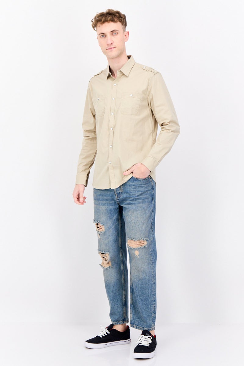 Paper Denim & Cloth Men Slim Fit Solid Long Sleeves Casual Shirt, Light Khaki  - Image 4