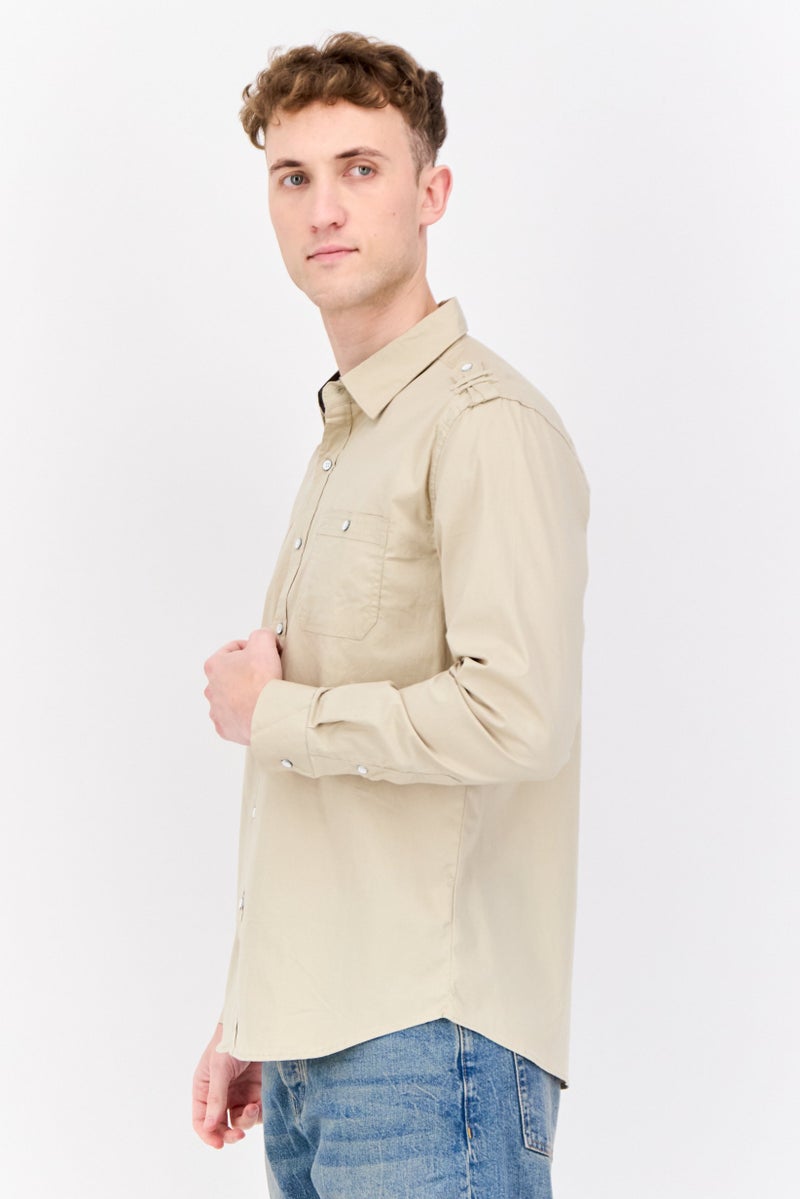 Paper Denim & Cloth Men Slim Fit Solid Long Sleeves Casual Shirt, Light Khaki  - Image 3