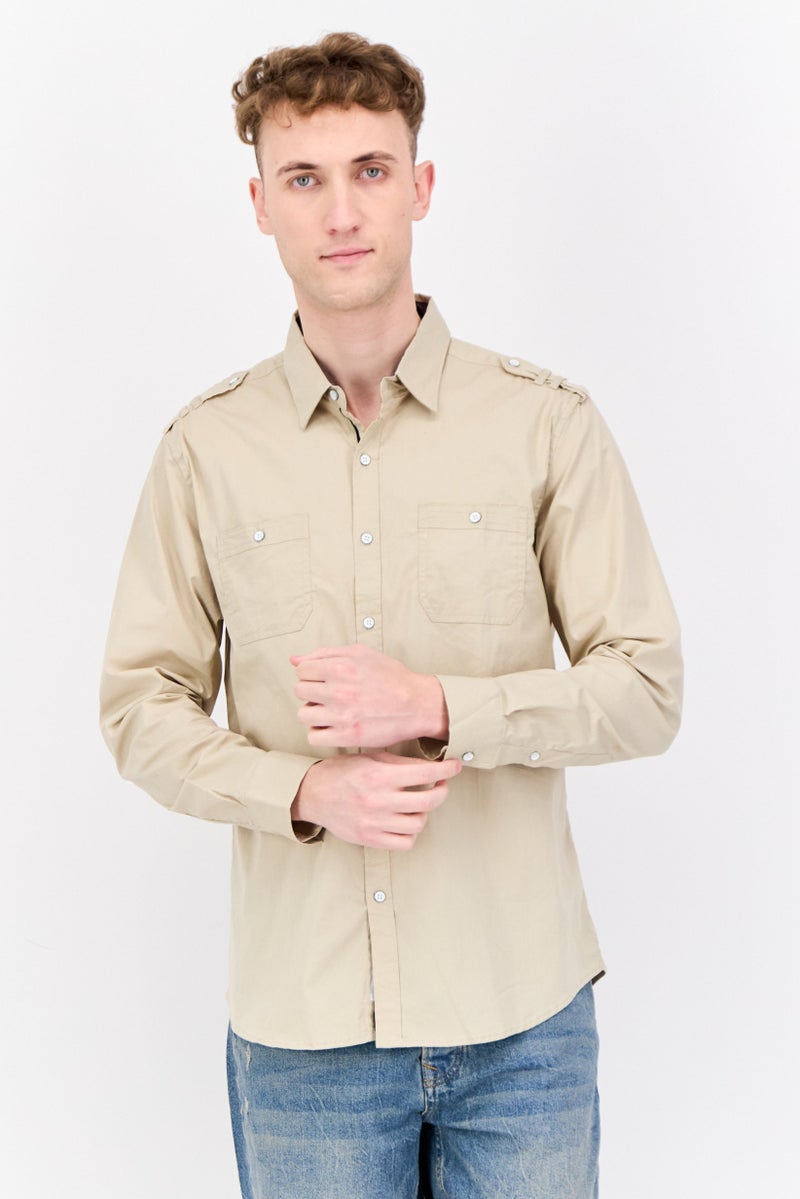 Paper Denim & Cloth Men Slim Fit Solid Long Sleeves Casual Shirt, Light Khaki  - Image 1