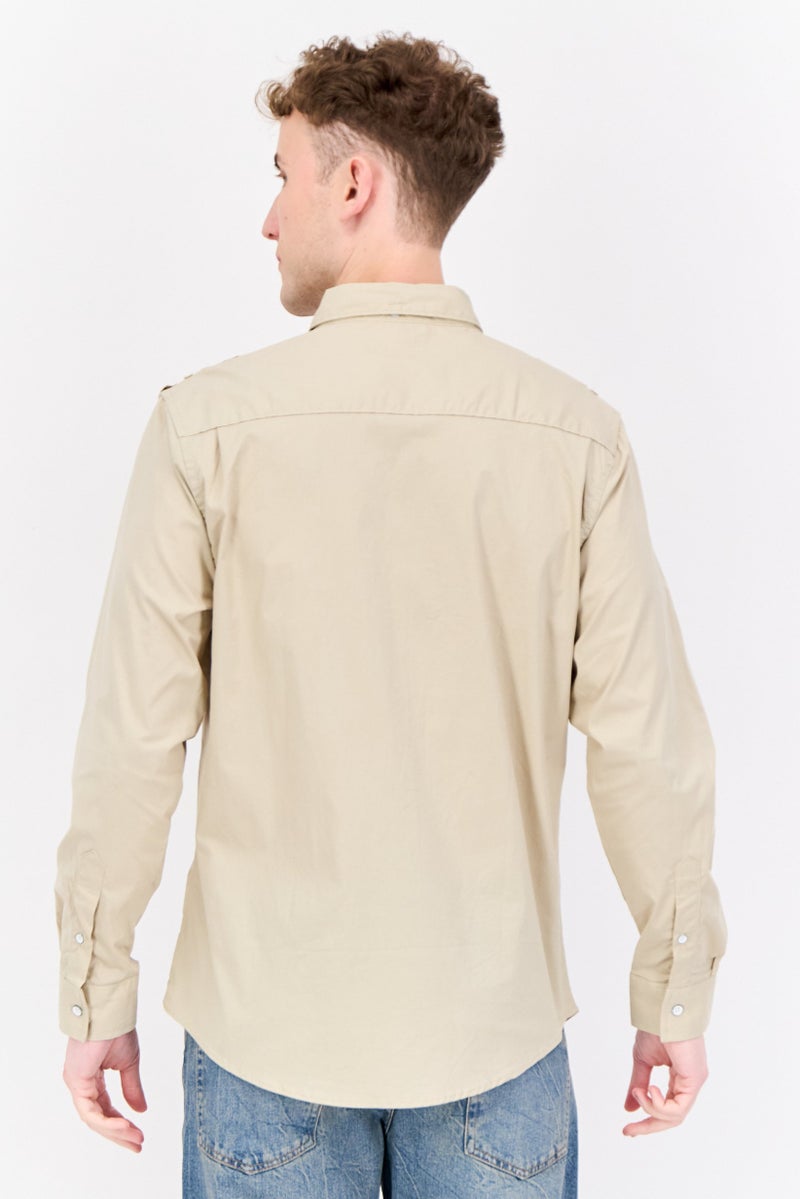 Paper Denim & Cloth Men Slim Fit Solid Long Sleeves Casual Shirt, Light Khaki  - Image 2