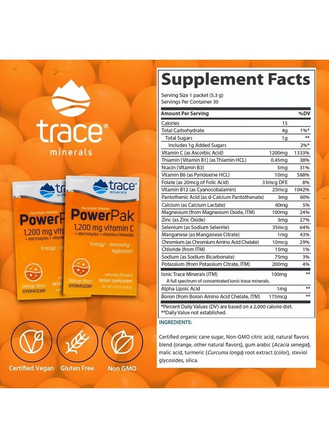 Trace Minerals Power Pak Electrolyte Powder Packets | 1200 mg Vitamin C, Zinc, Magnesium | Boost Hydration, Immunity, Energy, Muscle Stamina | Orange Blast | 30 Packets - Image 4