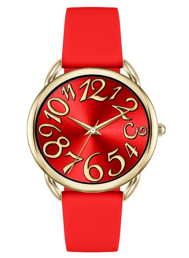 Bisley 38MM Women Gold Watch Big Face Colorful Dial Arabic Number Easy to Read Red Silicone Strap Watch - Image 1