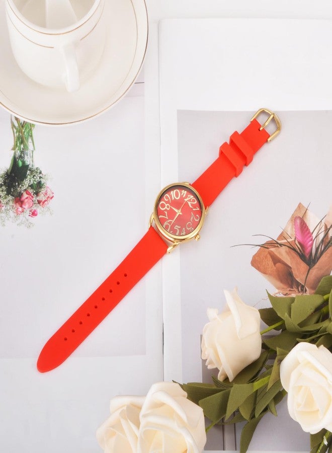 Bisley 38MM Women Gold Watch Big Face Colorful Dial Arabic Number Easy to Read Red Silicone Strap Watch - Image 5