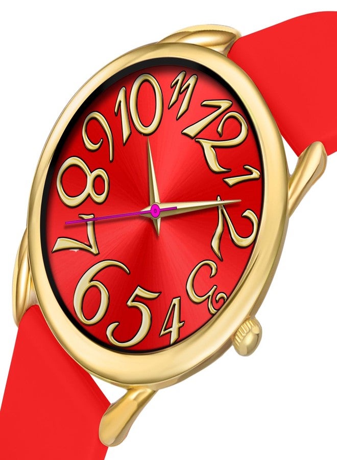 Bisley 38MM Women Gold Watch Big Face Colorful Dial Arabic Number Easy to Read Red Silicone Strap Watch - Image 2