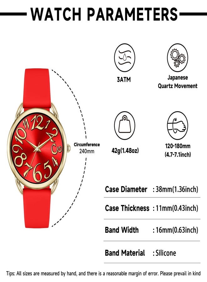 Bisley 38MM Women Gold Watch Big Face Colorful Dial Arabic Number Easy to Read Red Silicone Strap Watch - Image 4