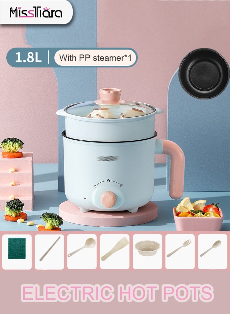 MissTiara 1.8L Electric Hot Pot with Steamer, Non-stick Portable Mini Travel Electric Rice Cooker Hot Pot, Electric Frying Pan, Slow Cooker, for Noodles, Eggs, Steak, Steam, Oatmeal and Soup No-Wash Mat, Chopsticks, Large Spoon, Small Spoon, Wooden Spatula, Bowl, Fork - Image 1