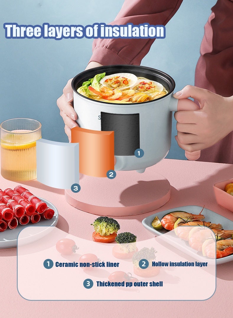 MissTiara 1.8L Electric Hot Pot with Steamer, Non-stick Portable Mini Travel Electric Rice Cooker Hot Pot, Electric Frying Pan, Slow Cooker, for Noodles, Eggs, Steak, Steam, Oatmeal and Soup No-Wash Mat, Chopsticks, Large Spoon, Small Spoon, Wooden Spatula, Bowl, Fork - Image 4