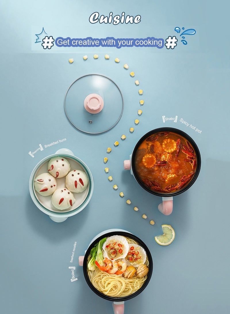 MissTiara 1.8L Electric Hot Pot with Steamer, Non-stick Portable Mini Travel Electric Rice Cooker Hot Pot, Electric Frying Pan, Slow Cooker, for Noodles, Eggs, Steak, Steam, Oatmeal and Soup No-Wash Mat, Chopsticks, Large Spoon, Small Spoon, Wooden Spatula, Bowl, Fork - Image 5