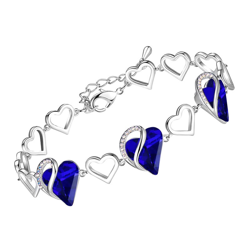 Leafael Infinity Love Heart Link Bracelets, September Birthstone Crystal Bracelet for Women, Silver Tone Jewelry Gifts for Her, Cobalt Sapphire Blue, 7-inch Chain and 2-inch Extender - Image 1