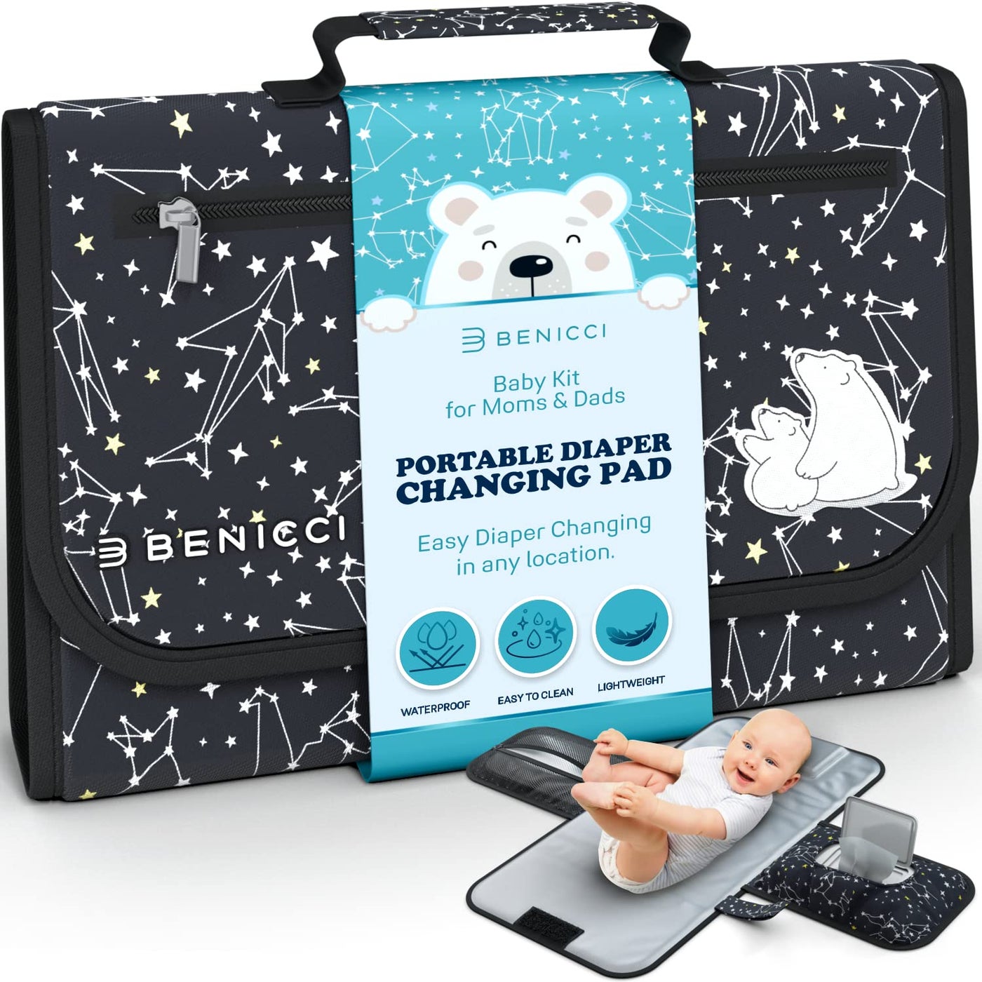 Benicci Portable Baby Diaper Changing Pad wSoft Builtin Pillow Strap for Strollers Comfortable Lightweight Waterproof Made with Premium Materials Great for Newborn Girls Boys for Travel