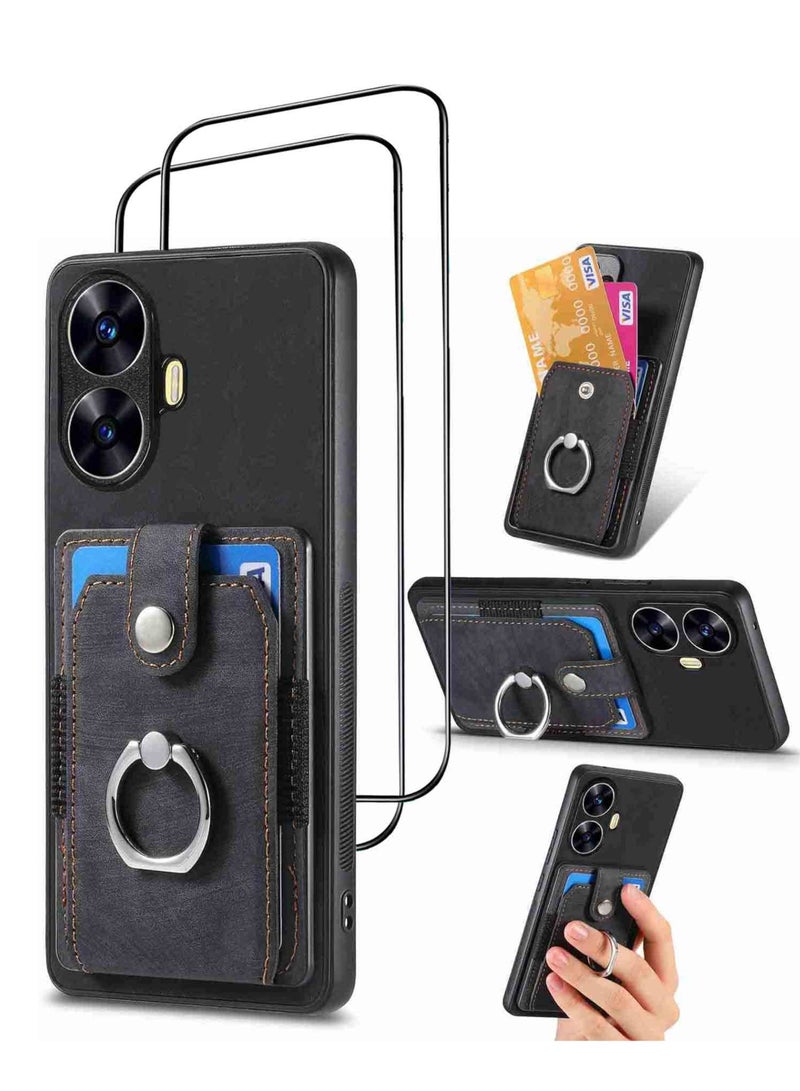 حافظة Realme C55 [مع 2 × واقيات شاشة زجاجية عالية الدقة] حافظة مقاومة للصدمات مع فتحات بطاقة حامل حلقي وغطاء من جلد البولي يوريثان حافظة حماية كاملة للسيارة ومسند شل لهاتف Realme C55، أسود - Image 1