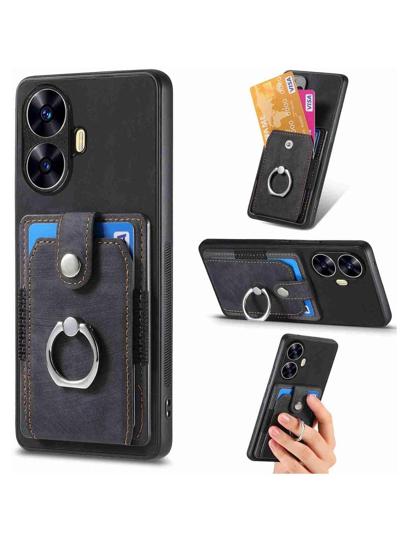 حافظة Realme C55 [مع 2 × واقيات شاشة زجاجية عالية الدقة] حافظة مقاومة للصدمات مع فتحات بطاقة حامل حلقي وغطاء من جلد البولي يوريثان حافظة حماية كاملة للسيارة ومسند شل لهاتف Realme C55، أسود - Image 2