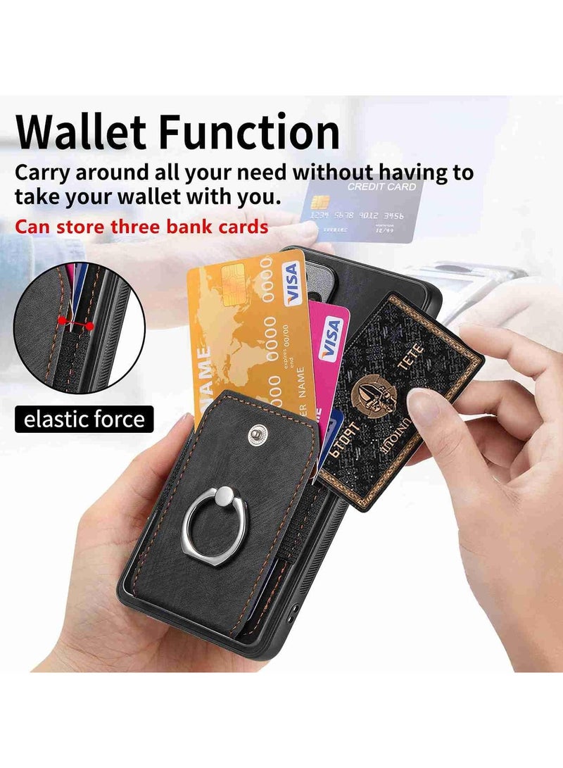 حافظة Realme C55 [مع 2 × واقيات شاشة زجاجية عالية الدقة] حافظة مقاومة للصدمات مع فتحات بطاقة حامل حلقي وغطاء من جلد البولي يوريثان حافظة حماية كاملة للسيارة ومسند شل لهاتف Realme C55، أسود - Image 4