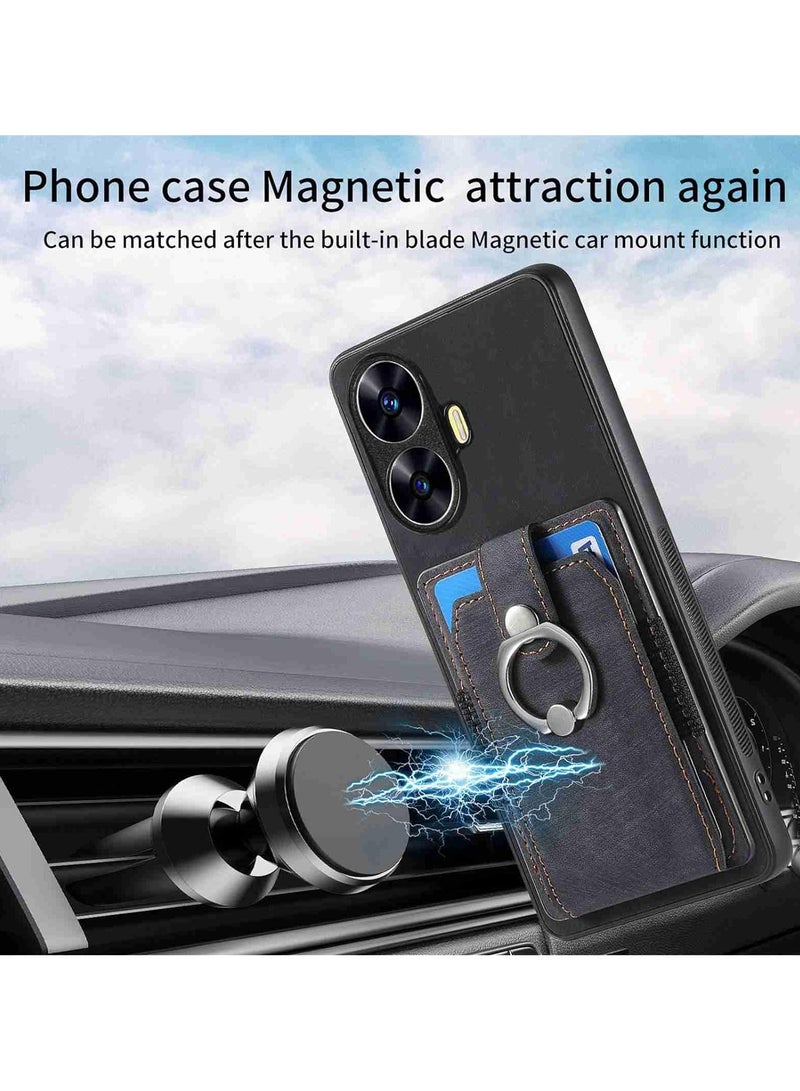 حافظة Realme C55 [مع 2 × واقيات شاشة زجاجية عالية الدقة] حافظة مقاومة للصدمات مع فتحات بطاقة حامل حلقي وغطاء من جلد البولي يوريثان حافظة حماية كاملة للسيارة ومسند شل لهاتف Realme C55، أسود - Image 5