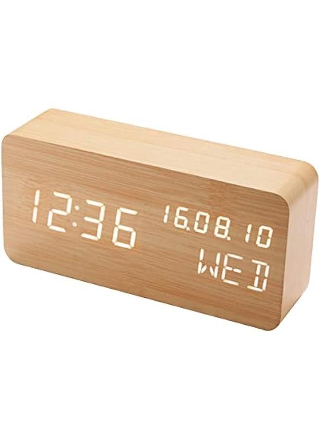 MOXO - Desk Wooden Alarm Clock with Voice Control Date Temperature Adjustable 3 Brightness Display LED Digital Alarm Clocks for Bedroom Bedside - Image 1