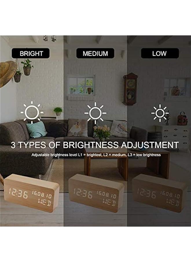 MOXO - Desk Wooden Alarm Clock with Voice Control Date Temperature Adjustable 3 Brightness Display LED Digital Alarm Clocks for Bedroom Bedside - Image 1