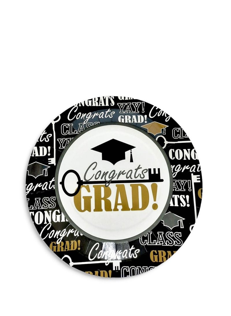 6 Pieces 7" Black Congrats Grad Paper Plates Graduation Tableware - Party Supplies