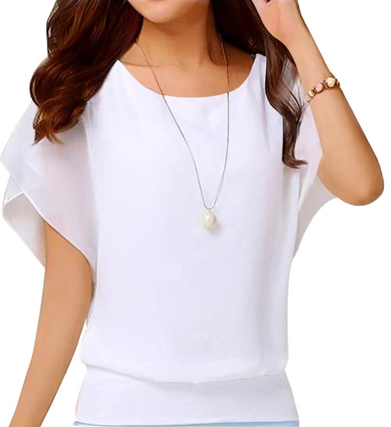 Neineiwu Women's Summer Casual Loose Short Sleeve Round Neck T-Shirt Chiffon Top Blouse (White,Large) - Image 1