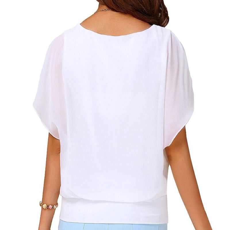 Neineiwu Women's Summer Casual Loose Short Sleeve Round Neck T-Shirt Chiffon Top Blouse (White,Large) - Image 2