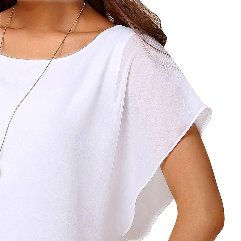 Neineiwu Women's Summer Casual Loose Short Sleeve Round Neck T-Shirt Chiffon Top Blouse (White,Large) - Image 5