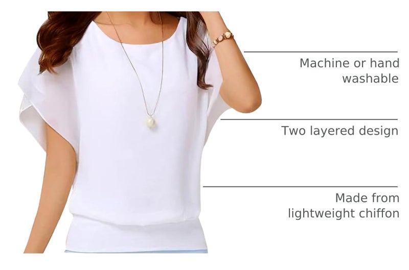 Neineiwu Women's Summer Casual Loose Short Sleeve Round Neck T-Shirt Chiffon Top Blouse (White,Large) - Image 4
