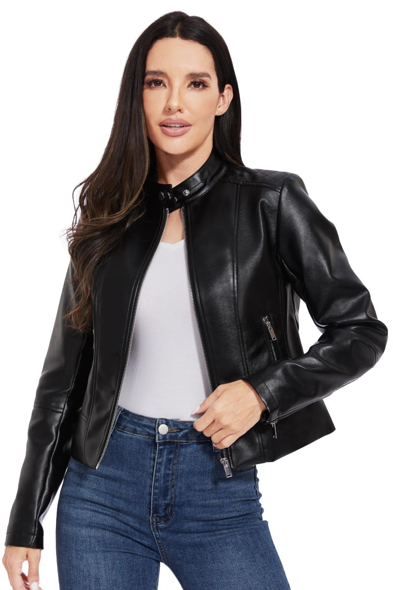 Fahsyee Faux Leather Jacket Women - Black Bomber Motorcycle Cropped Coat Moto Biker Blazer Casual Vegan Jackets Fashion L - Image 1