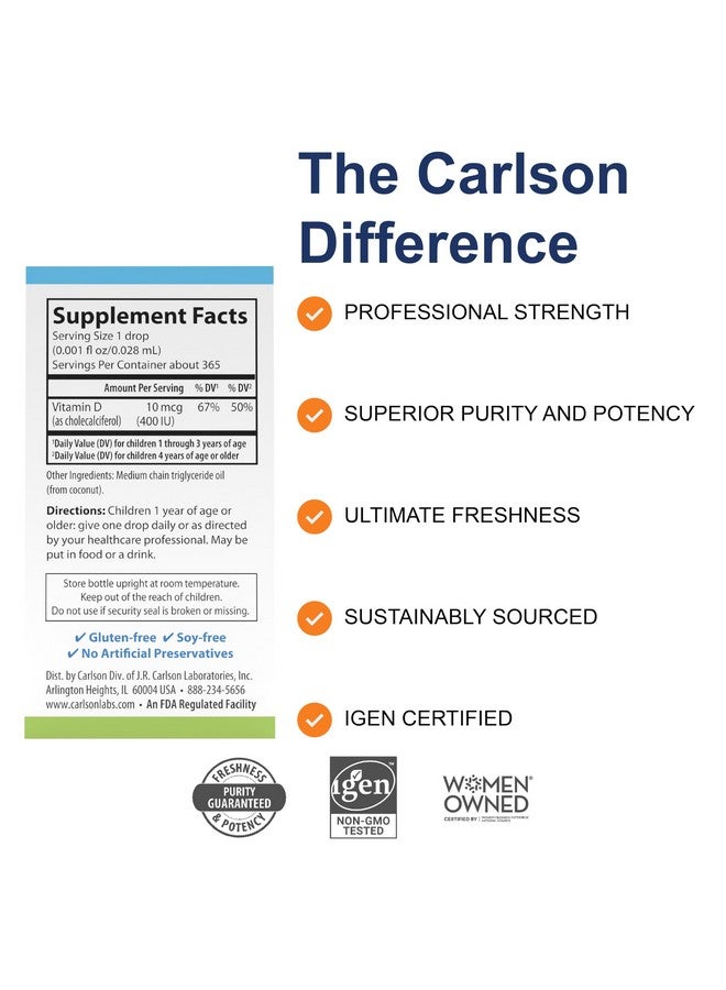 Carlson كارلسون - سوبر دايلي D3 للأطفال، قطرات فيتامين D للأطفال، 400 وحدة دولية (10 ميكروغرام) لكل قطرة، صحة القلب والمناعة، نباتي، قطرات فيتامين D سائلة، بدون نكهة، 365 قطرة - Image 2