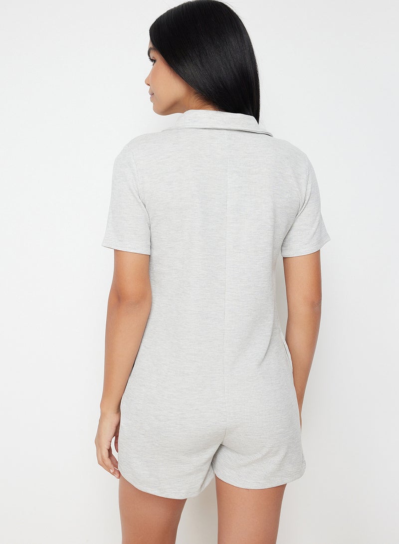trendyol Gray Waffle Button Detailed Shirt Collar Knitted Overalls THMSS24TU00003 - Image 5