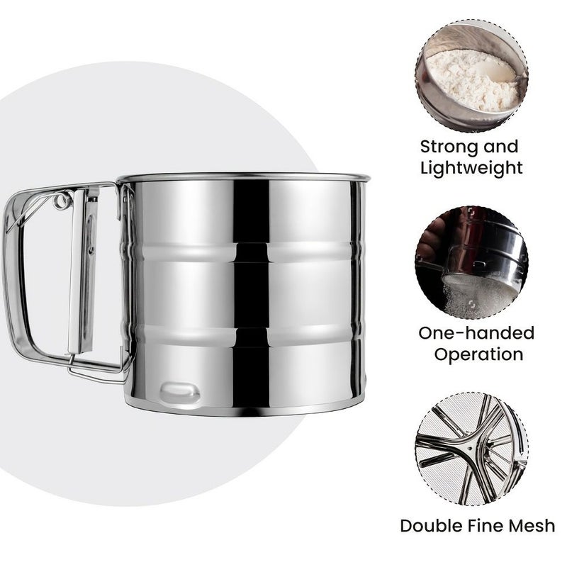Stainless Steel Flour Sifter Double Layer Fine Mesh One Hand Press Crank Powdered Sugar Shaker Duster For Baking Cakes Ideal For Holiday Flour Sieve - Image 2