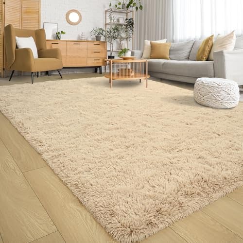 Keeko Fluffy Area Rugs for Bedroom Living Room, 4x5.3 Soft Plush Bedside Rug Modern Indoor Throw Rug Shag Fuzzy Nursery Carpet Non Slip Rugs for Kids Girls Baby Teen Dorm Room Home Decor Beige - Image 1