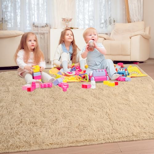 Keeko Fluffy Area Rugs for Bedroom Living Room, 4x5.3 Soft Plush Bedside Rug Modern Indoor Throw Rug Shag Fuzzy Nursery Carpet Non Slip Rugs for Kids Girls Baby Teen Dorm Room Home Decor Beige - Image 4