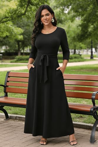 FANDEE Maxi Dress for Women 2026, Long Casual Empire Waist Dresses 3/4 Sleeve Round Neck with Belt 3XL - Image 4