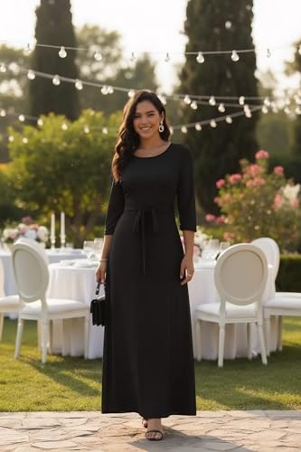 FANDEE Maxi Dress for Women 2026, Long Casual Empire Waist Dresses 3/4 Sleeve Round Neck with Belt 3XL - Image 2
