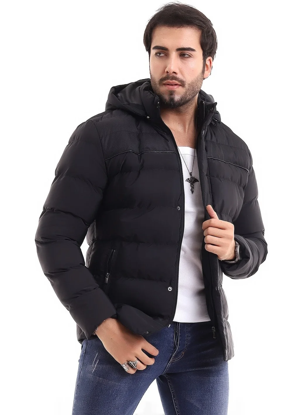 Sivaist Men's Hooded Black Water and Windproof Regular Puffer Coat & Jacket