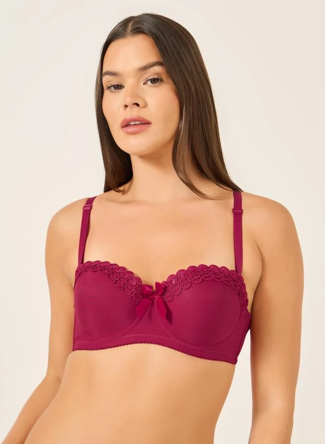 تايك تو Take Two Solid Lace and Bow Detail Padded Wired Push Up Bra
