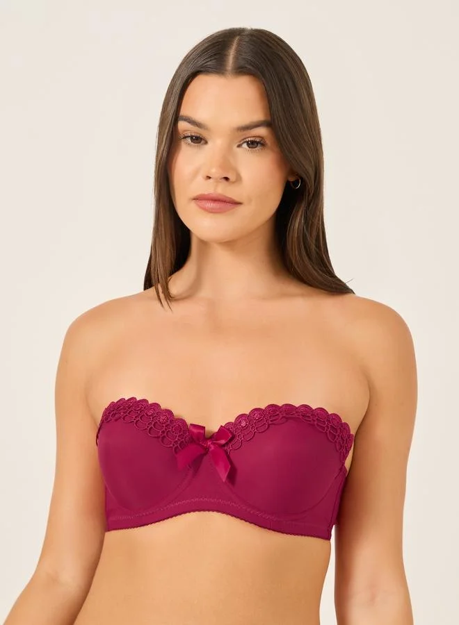 Take Two Take Two Solid Lace and Bow Detail Padded Wired Push Up Bra