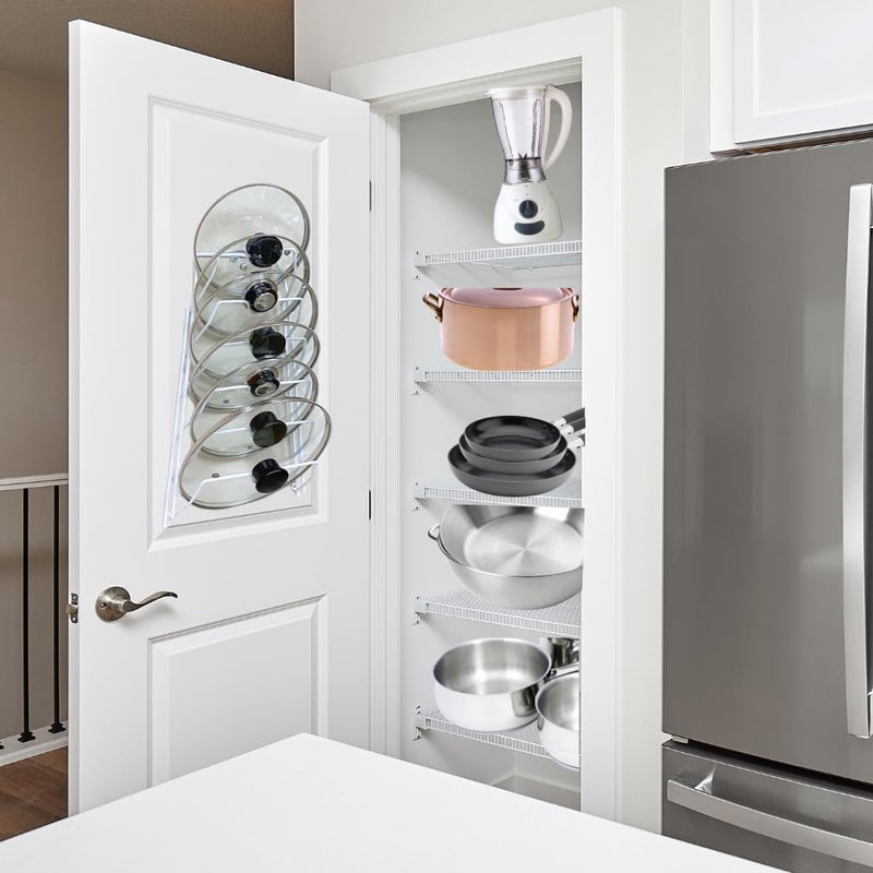 Evelots 6 Pot Lid Organizer for Cabinet Door or Pantry Wall - Closet Door Pots and Pans Lids Holder - Glass or Metal Pan Covers Cabinet Organizer Kitchen Storage - White 6 Tier Lid Rack - Image 3
