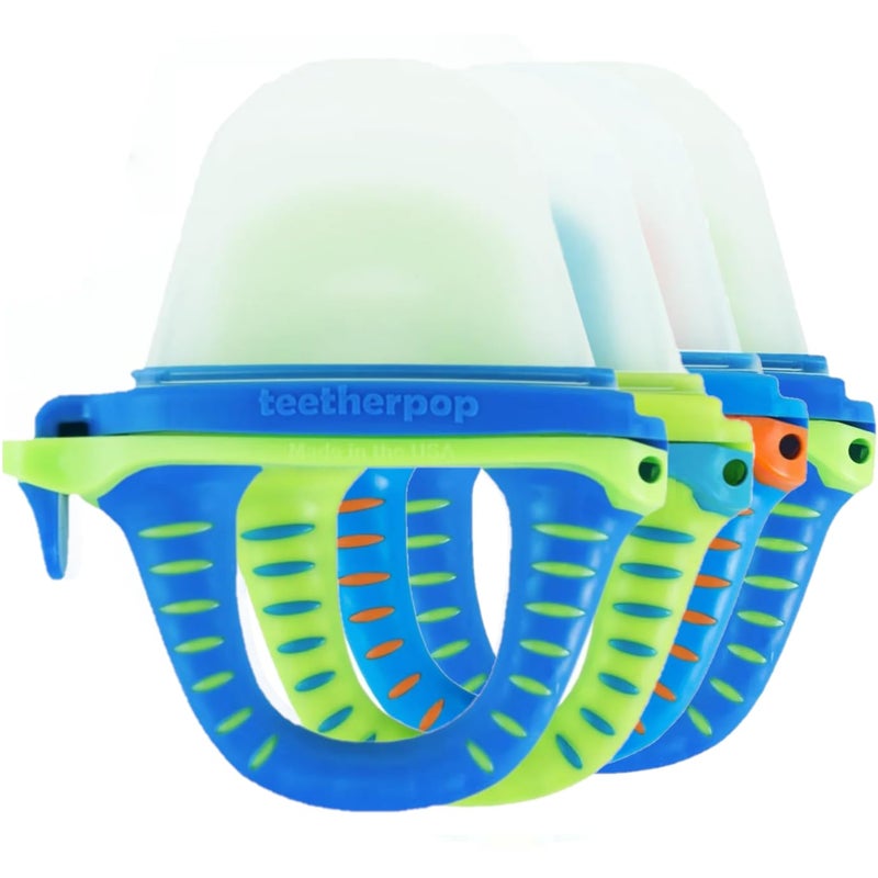 Teetherpop Fillable Silicone Teether for Babies Breastmilk Popsicle Molds for Teething with SpillProof Sippy Slits Freezable Baby Teethers for Liquids Pures Cooling Relief 4PackBlues